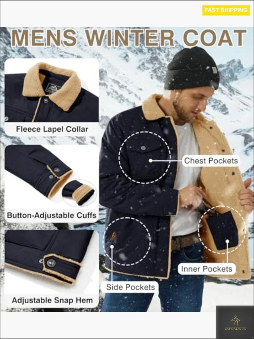 Men's Thermal Winter Jacket Fleece Lined Cargo Work Coat Warm Cotton Sherpa